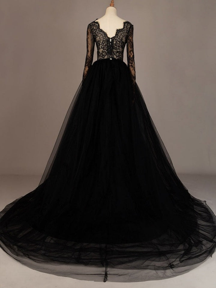 A-line/Princess Sexy V-Neck Long Sleeves Black Wedding Dresses with Lace
