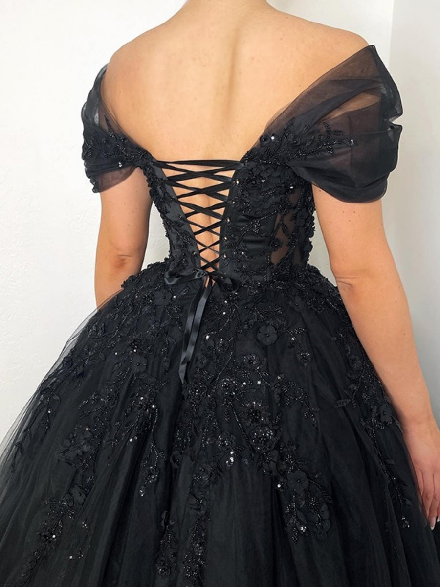 A-line/Princess Off-the-Shoulder Short Sleeves Floor-Length Black Wedding Dresses with Lace Appliques & Lace-Up & Crystals