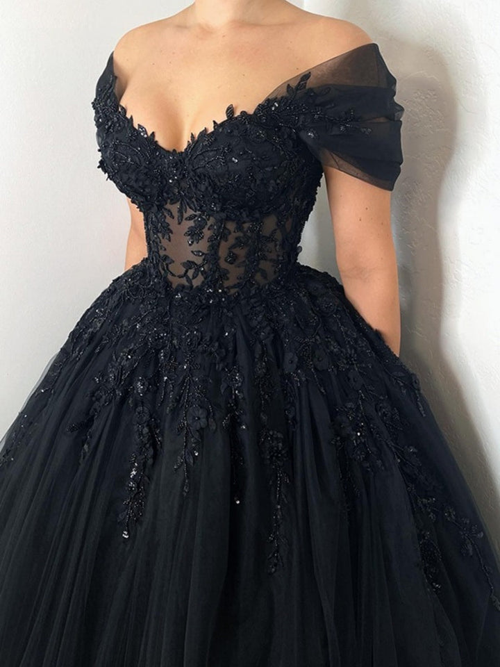 A-line/Princess Off-the-Shoulder Short Sleeves Floor-Length Black Wedding Dresses with Lace Appliques & Lace-Up & Crystals