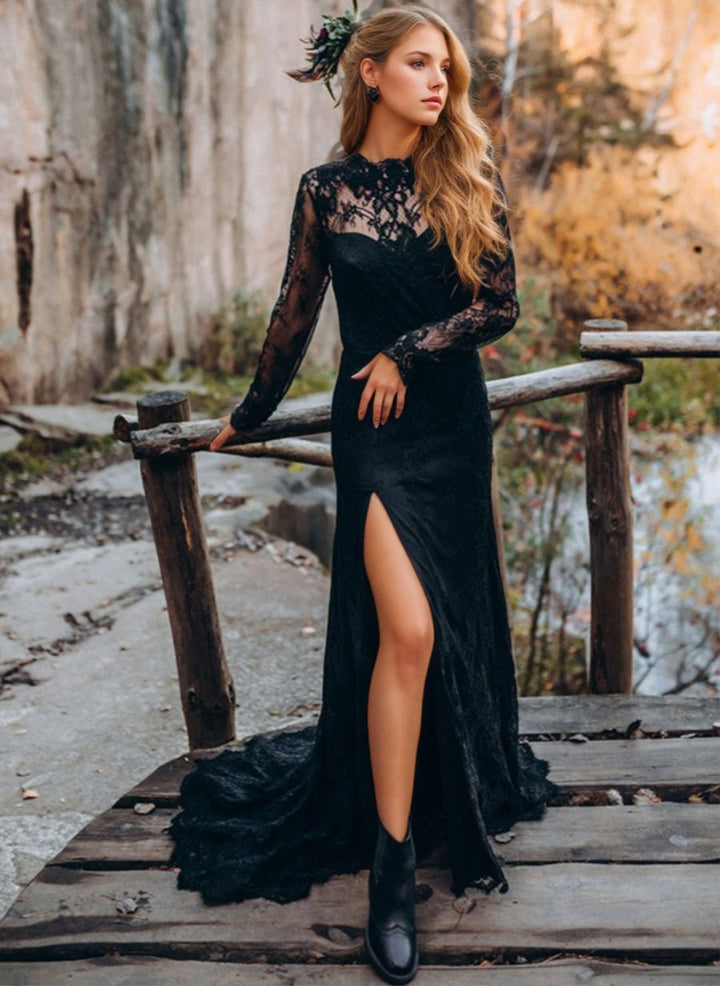 Sheath/Column Sexy Jewel Neck Long Sleeves Backless Sweep Train Black Wedding Dresses with Side Slit