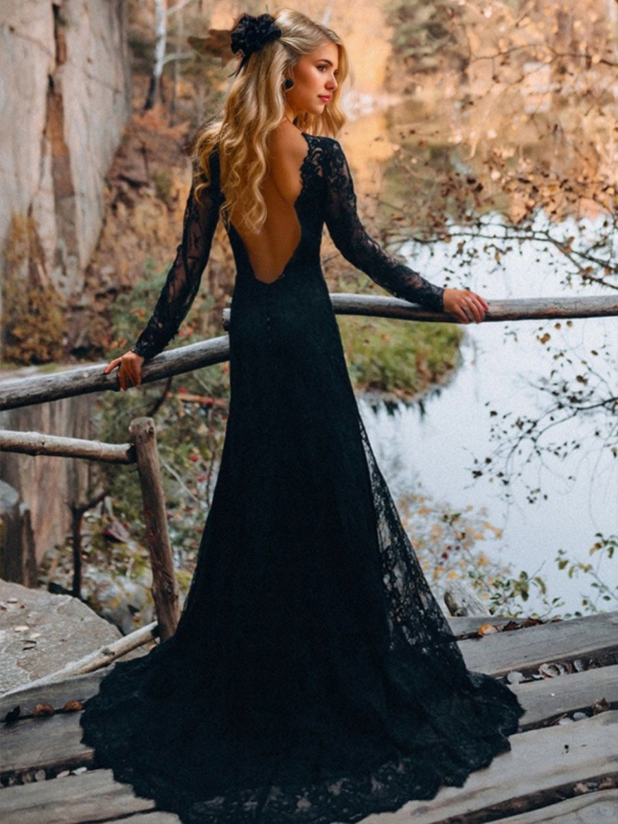 Sheath/Column Sexy Jewel Neck Long Sleeves Backless Sweep Train Black Wedding Dresses with Side Slit