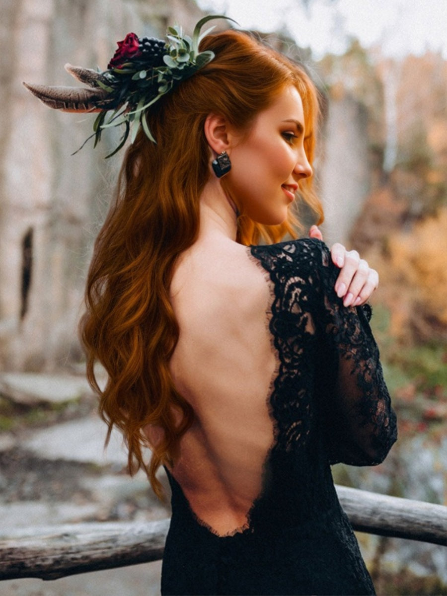 Sheath/Column Sexy Jewel Neck Long Sleeves Backless Sweep Train Black Wedding Dresses with Side Slit