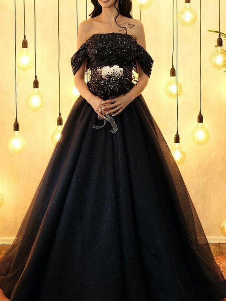 Ball-Gown Off-the-Shoulder Sweep Train Sequined Black Wedding Dresses