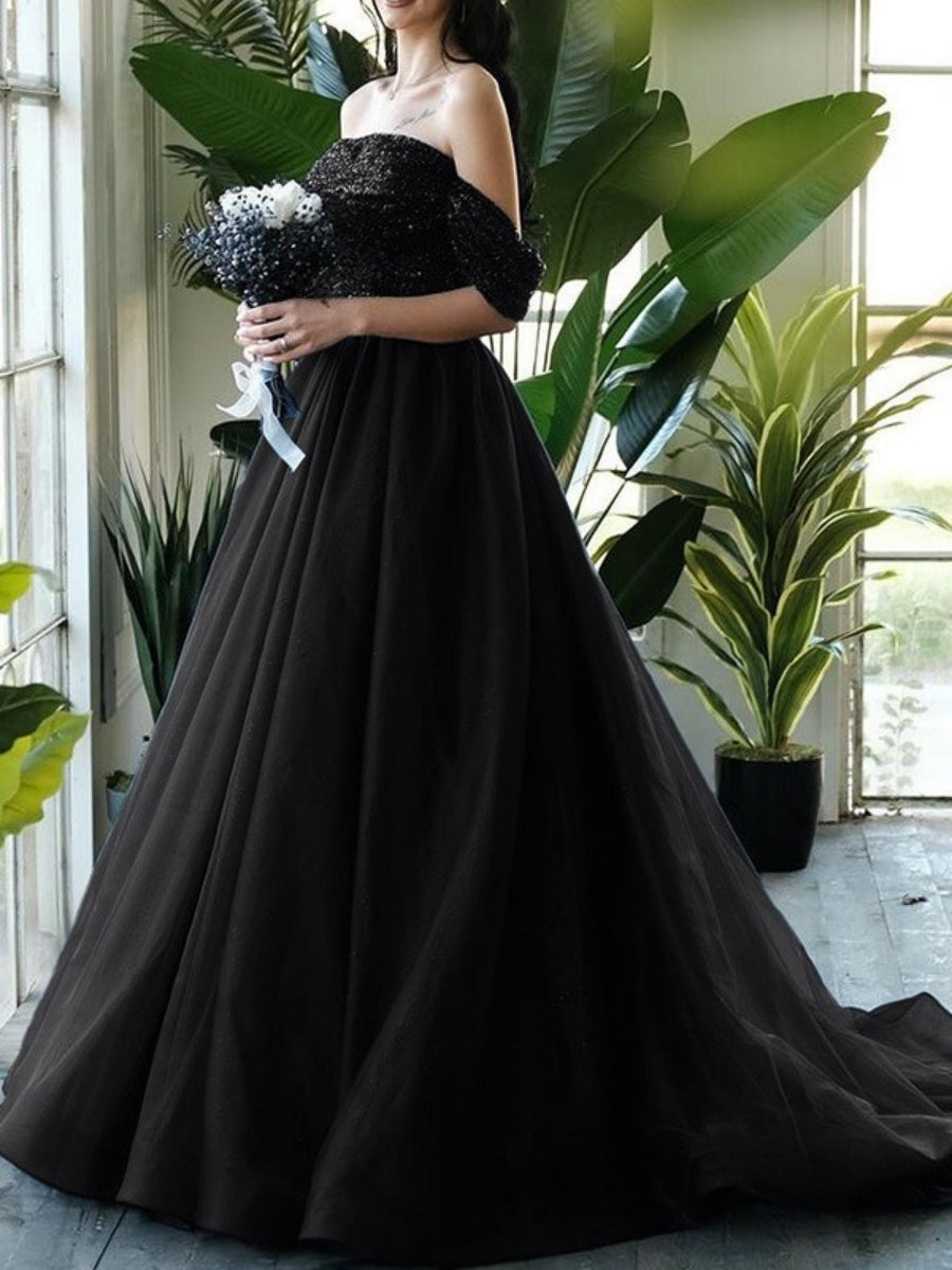 Ball-Gown Off-the-Shoulder Sweep Train Sequined Black Wedding Dresses