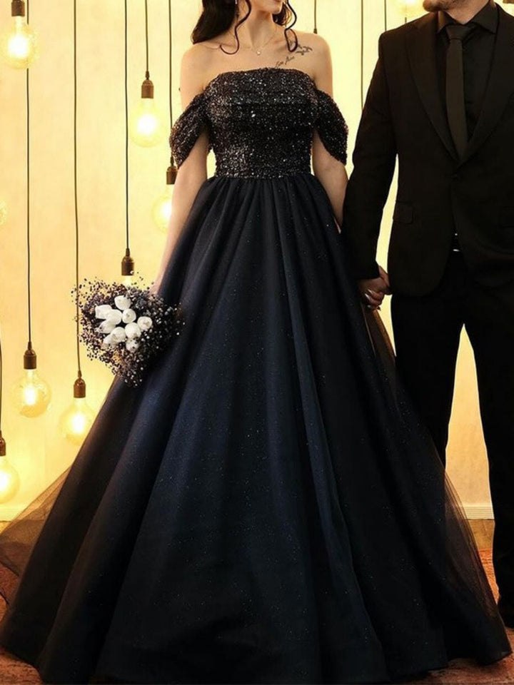 Ball-Gown Off-the-Shoulder Sweep Train Sequined Black Wedding Dresses
