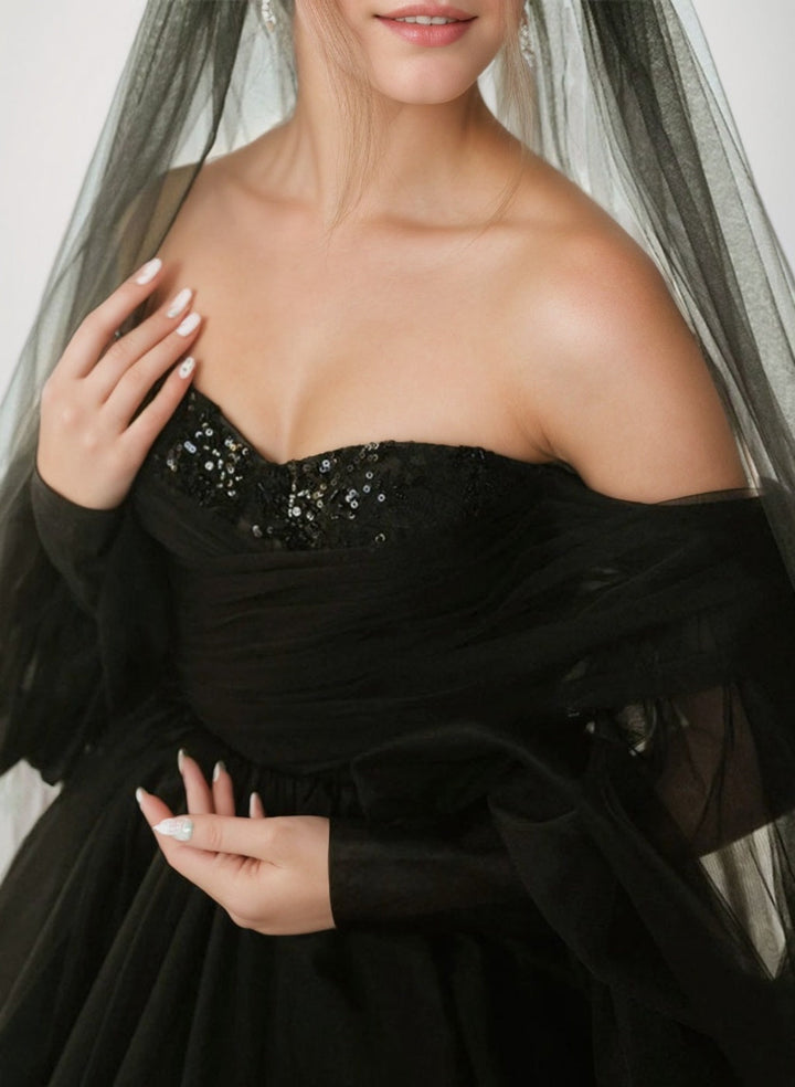 Ball-Gown Off-the-Shoulder 3/4 Sleeves Floor-Length Black Wedding Dresses with Lace-Up & Sequins