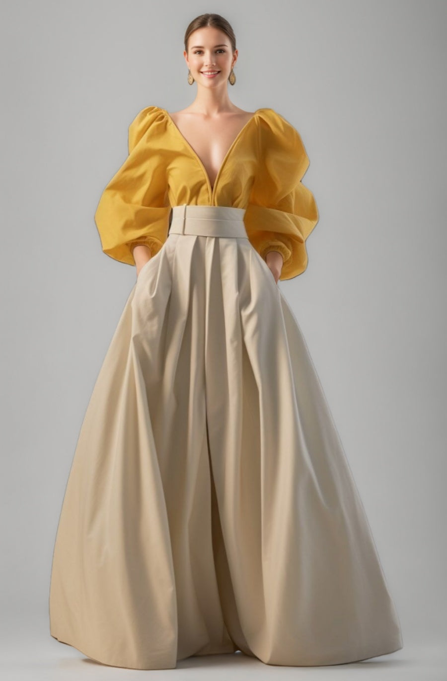 Ball Gown Two-Tone Puff Sleeves Deep V-Neck Floor-Length Wedding Guest Dresses with Pleats & Belt & Pockets