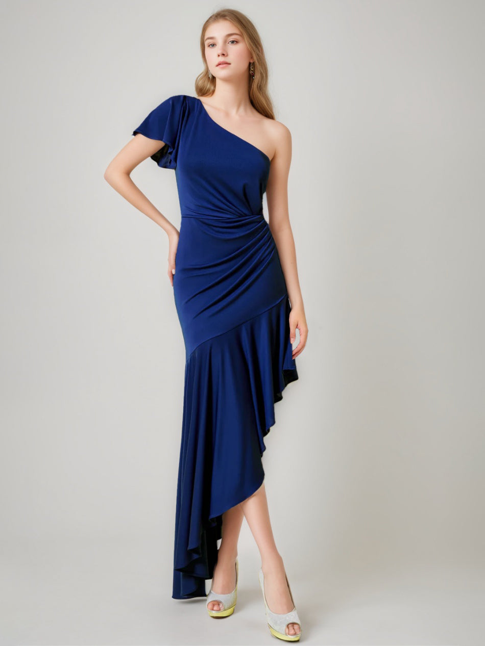 Sheath/Column One-shoulder Ruched Asymmetrical Pleated Wedding Guest Dresses with Ruffles