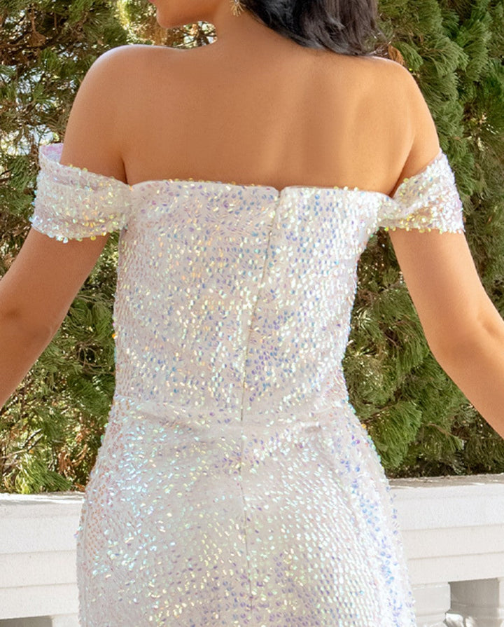 Sheath/Column Off-The-Shoulder Asymmetrical Wedding Dresses with Sequins & Slit