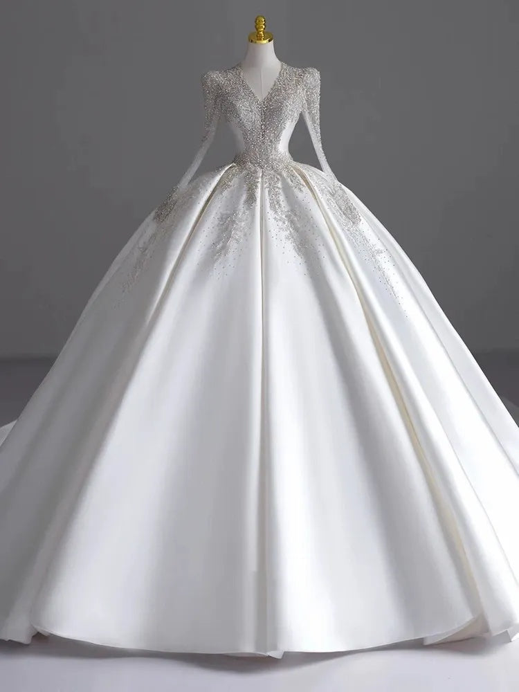 Ball Gown V-Neck Long Sleeves Pleated Floor-Length Wedding Dresses with Jewel Appliques