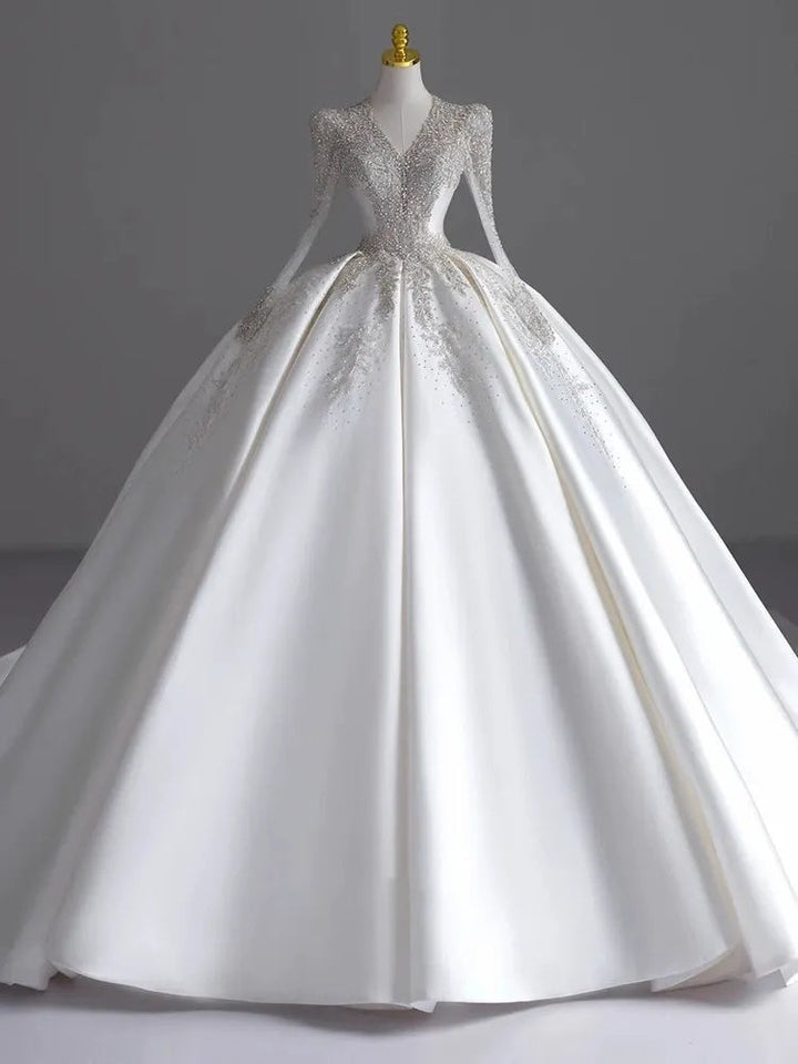 Ball Gown V-Neck Long Sleeves Pleated Floor-Length Wedding Dresses with Jewel Appliques