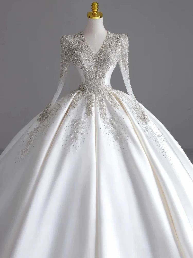 Ball Gown V-Neck Long Sleeves Pleated Floor-Length Wedding Dresses with Jewel Appliques