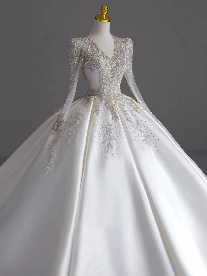 Ball Gown V-Neck Long Sleeves Pleated Floor-Length Wedding Dresses with Jewel Appliques