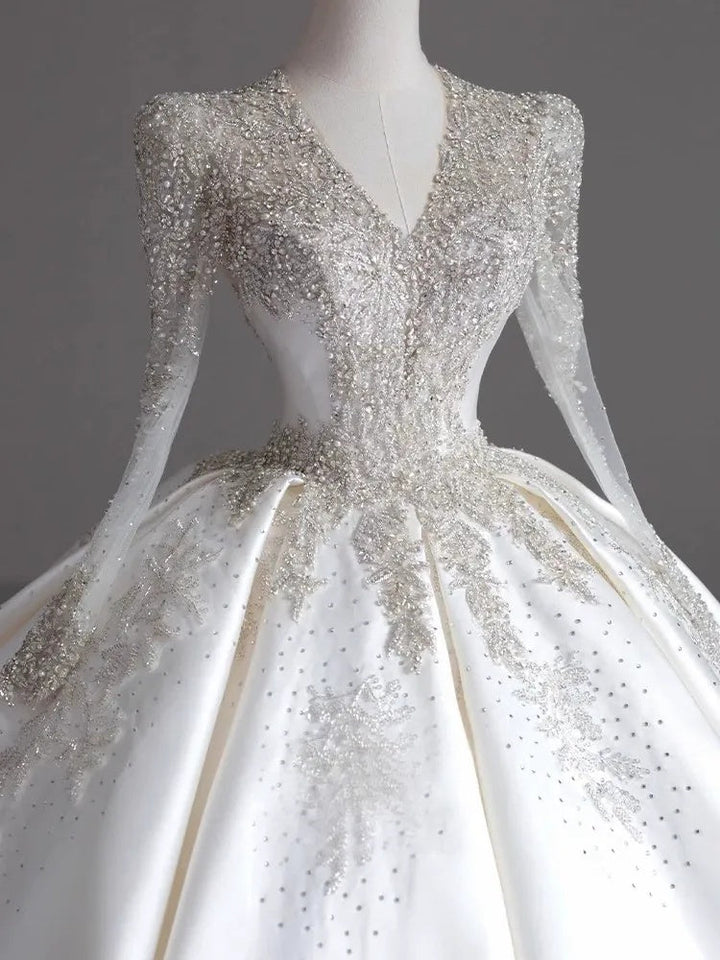 Ball Gown V-Neck Long Sleeves Pleated Floor-Length Wedding Dresses with Jewel Appliques