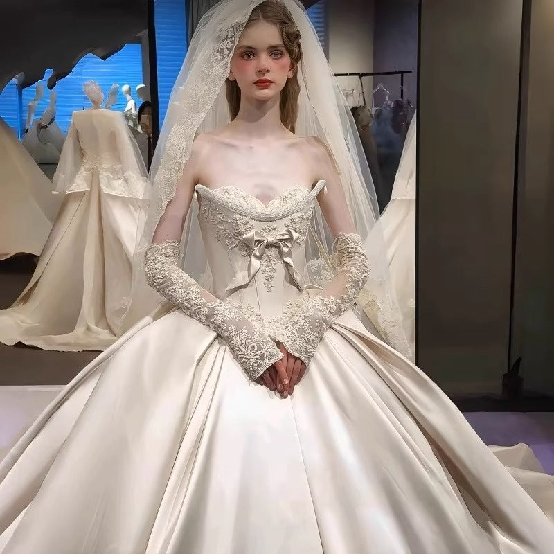 Ball Gown Off-The-Shoulder Floor-Length Pleated Wedding Dresses with Jewel Appliques & Bow & Detachable Sleeves