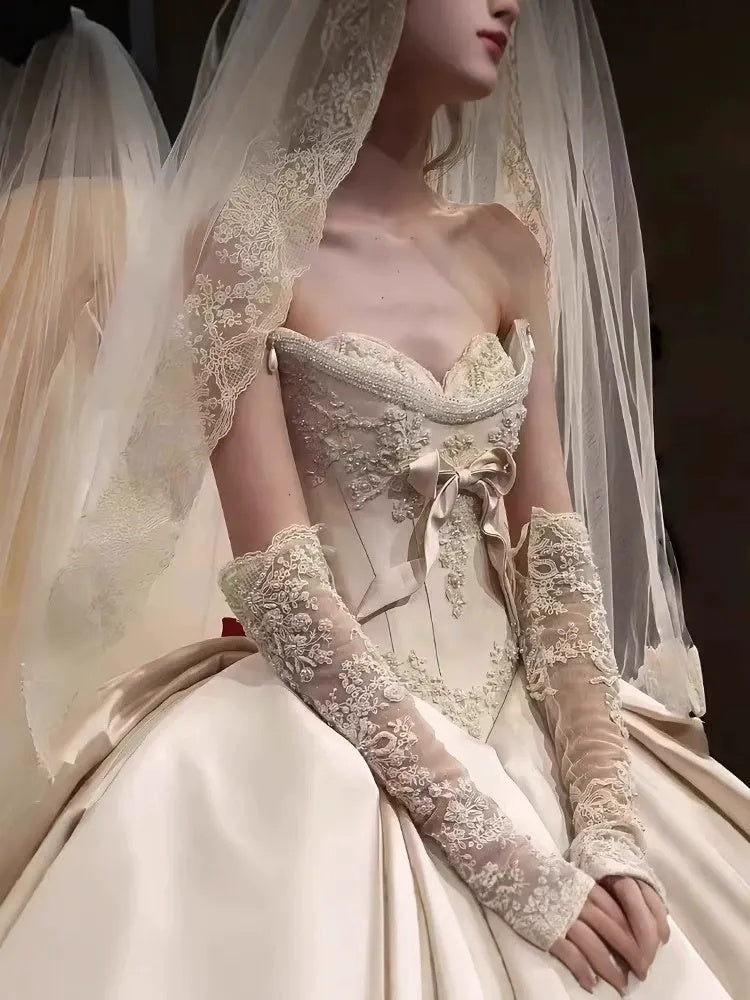 Ball Gown Off-The-Shoulder Floor-Length Pleated Wedding Dresses with Jewel Appliques & Bow & Detachable Sleeves