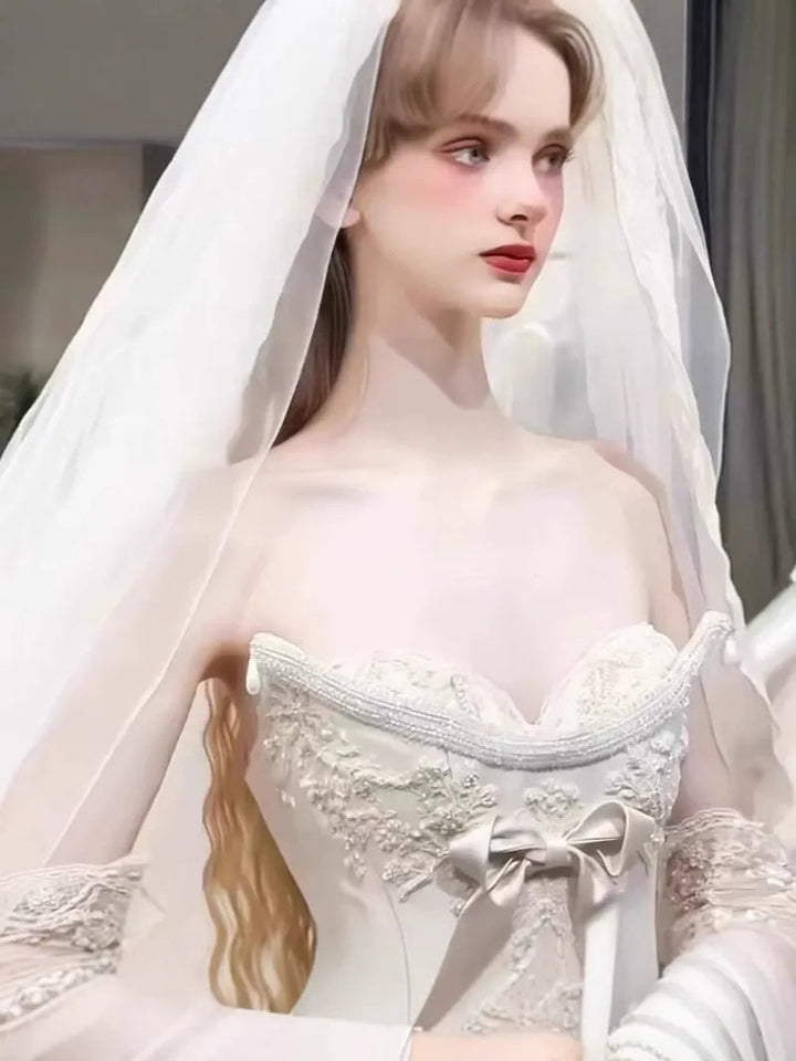 Ball Gown Off-The-Shoulder Floor-Length Pleated Wedding Dresses with Jewel Appliques & Bow & Detachable Sleeves