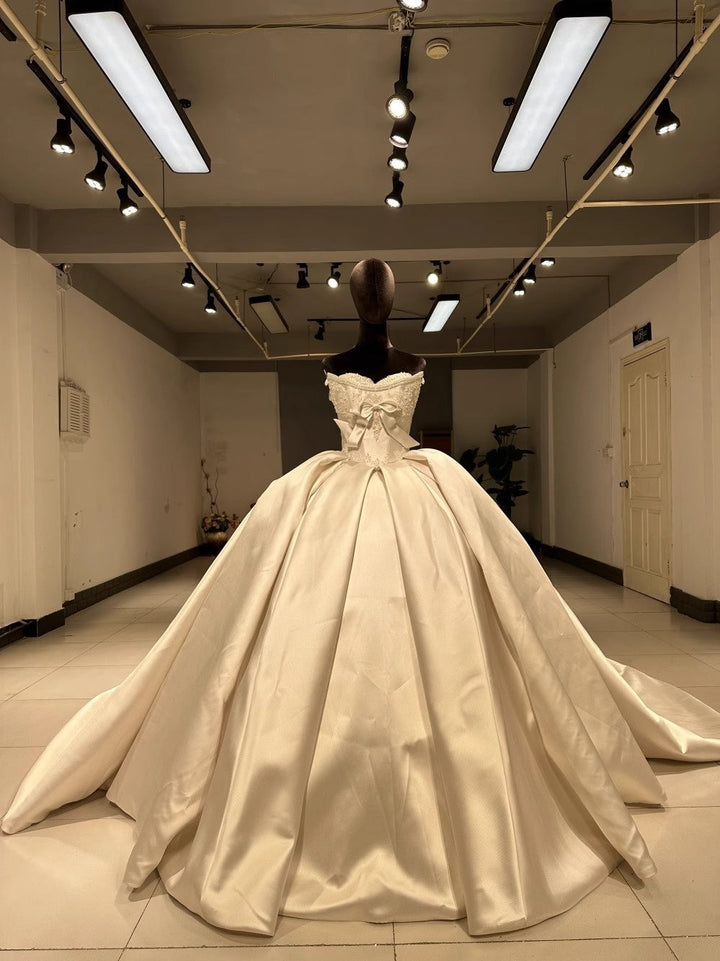 Ball Gown Off-The-Shoulder Floor-Length Pleated Wedding Dresses with Jewel Appliques & Bow & Detachable Sleeves
