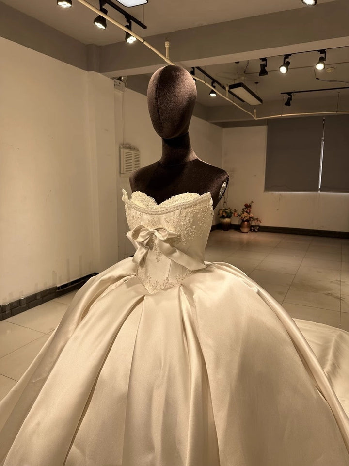Ball Gown Off-The-Shoulder Floor-Length Pleated Wedding Dresses with Jewel Appliques & Bow & Detachable Sleeves