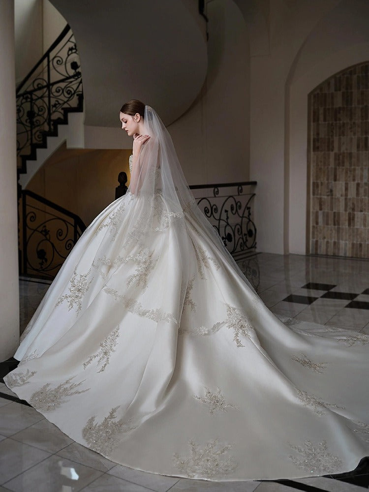 Ball Gown Off-The-Shoulder Cathedral Train Pleated Wedding Dresses with Jewel Appliques