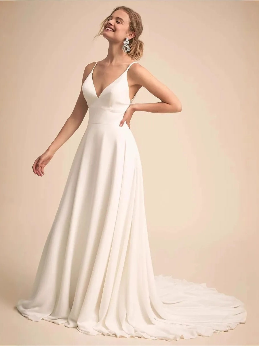 A-Line/Princess Spaghetti Straps Sleeveless Sweep Train Wedding Dresses with Lace Appliques & Buttons