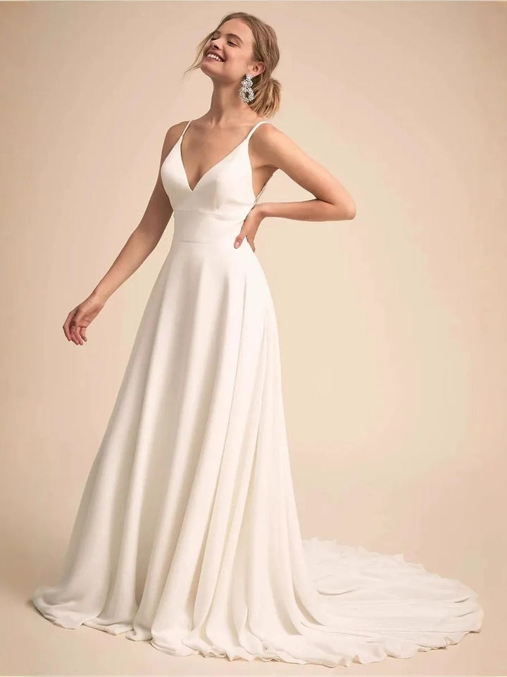 A-Line/Princess Spaghetti Straps Sleeveless Sweep Train Wedding Dresses with Lace Appliques & Buttons
