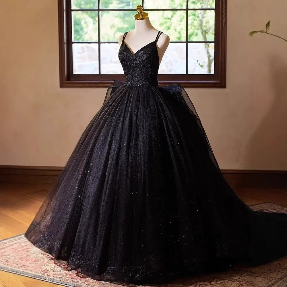 Ball Gown Double Spaghetti Straps Floor-Length Black Wedding Dresses with Criss-cross Lace-up