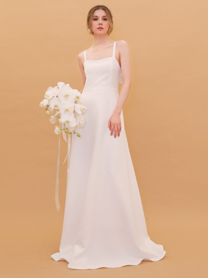 A-Line/Princess Spaghetti Straps Sleeveless Floor-Length Wedding Dresses with Bow
