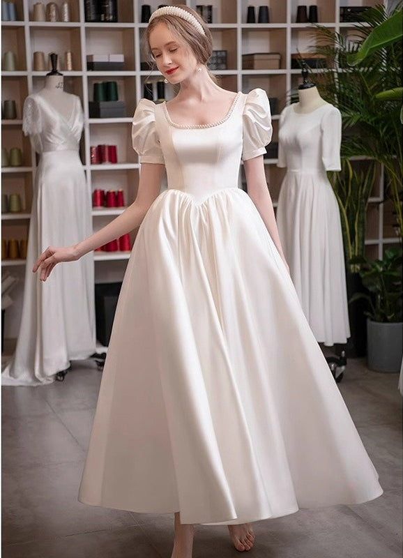 A-Line/Princess Scoop Puff Sleeves Ankle-Length Pleated Wedding Dresses with Lace-up & Pearls