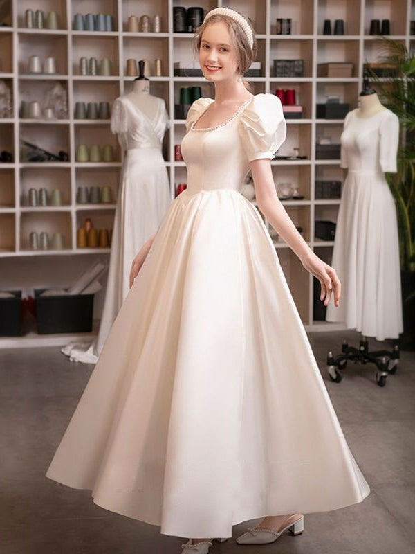 A-Line/Princess Scoop Puff Sleeves Ankle-Length Pleated Wedding Dresses with Lace-up & Pearls
