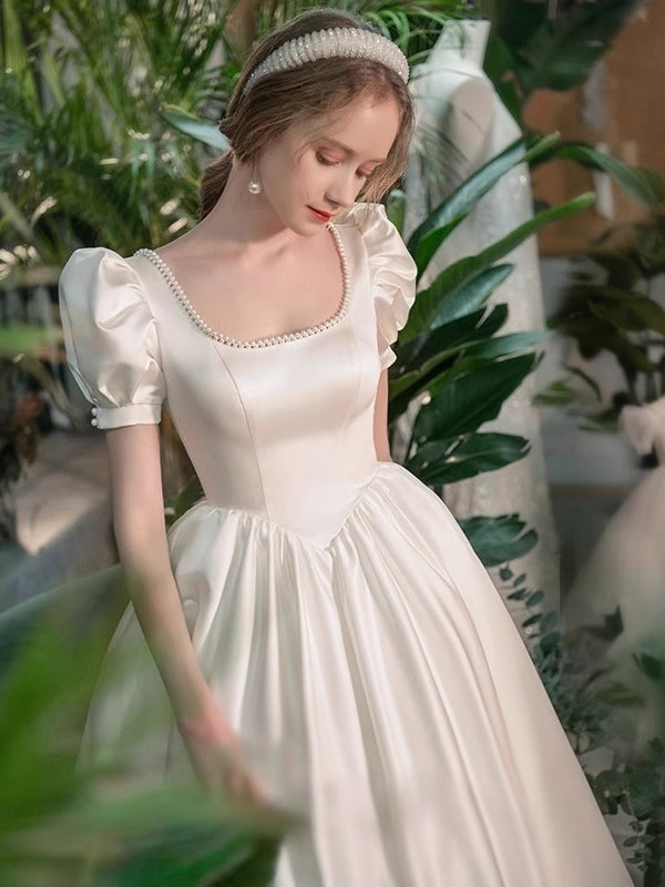 A-Line/Princess Scoop Puff Sleeves Ankle-Length Pleated Wedding Dresses with Lace-up & Pearls