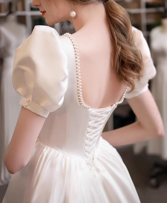 A-Line/Princess Scoop Puff Sleeves Ankle-Length Pleated Wedding Dresses with Lace-up & Pearls