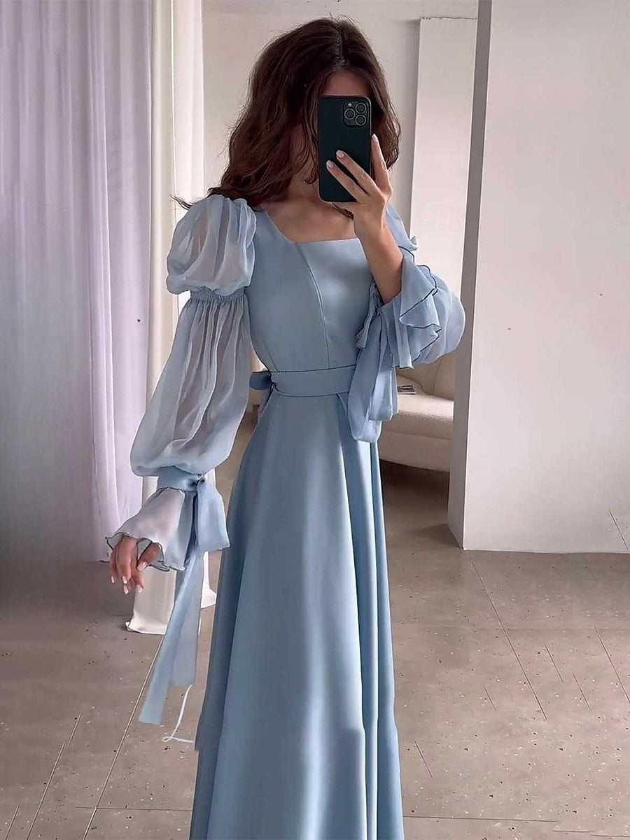 A-Line/Princess Square Neck Long Sleeves Wedding Guest Dresses with Sash