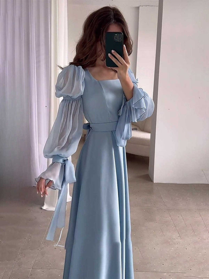 A-Line/Princess Square Neck Long Sleeves Wedding Guest Dresses with Sash