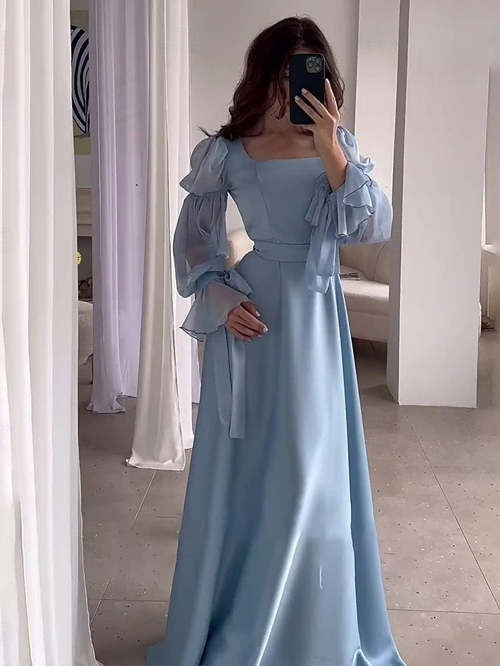 A-Line/Princess Square Neck Long Sleeves Wedding Guest Dresses with Sash