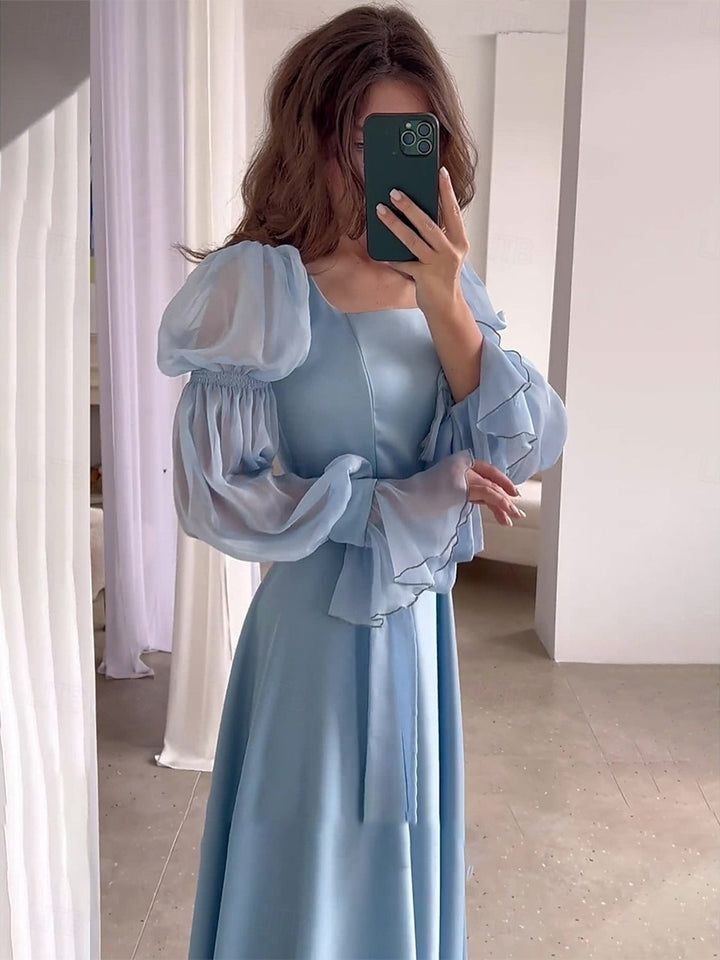 A-Line/Princess Square Neck Long Sleeves Wedding Guest Dresses with Sash