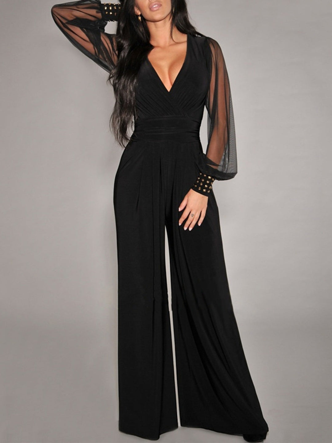 V-Neck Long Sleeves Floor-Length Wedding Guest Jumpsuits with Metallic Studs