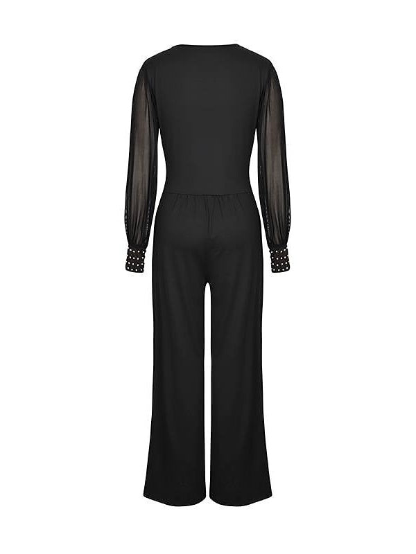 V-Neck Long Sleeves Floor-Length Wedding Guest Jumpsuits with Metallic Studs