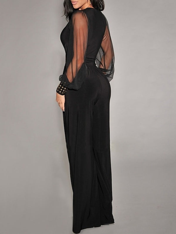 V-Neck Long Sleeves Floor-Length Wedding Guest Jumpsuits with Metallic Studs