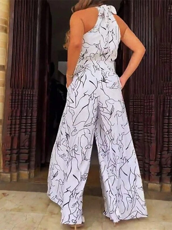 Halter Sleeveless Floor-Length Wedding Guest Jumpsuits with Self-tie & Pockets