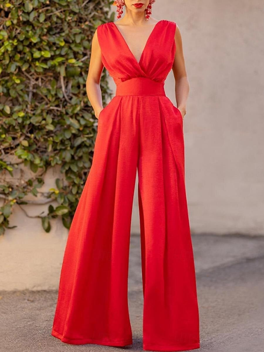 Plunge V-Neck Sleeveless Floor-Length Ruched Wedding Guest Jumpsuits with Pleats & Pockets