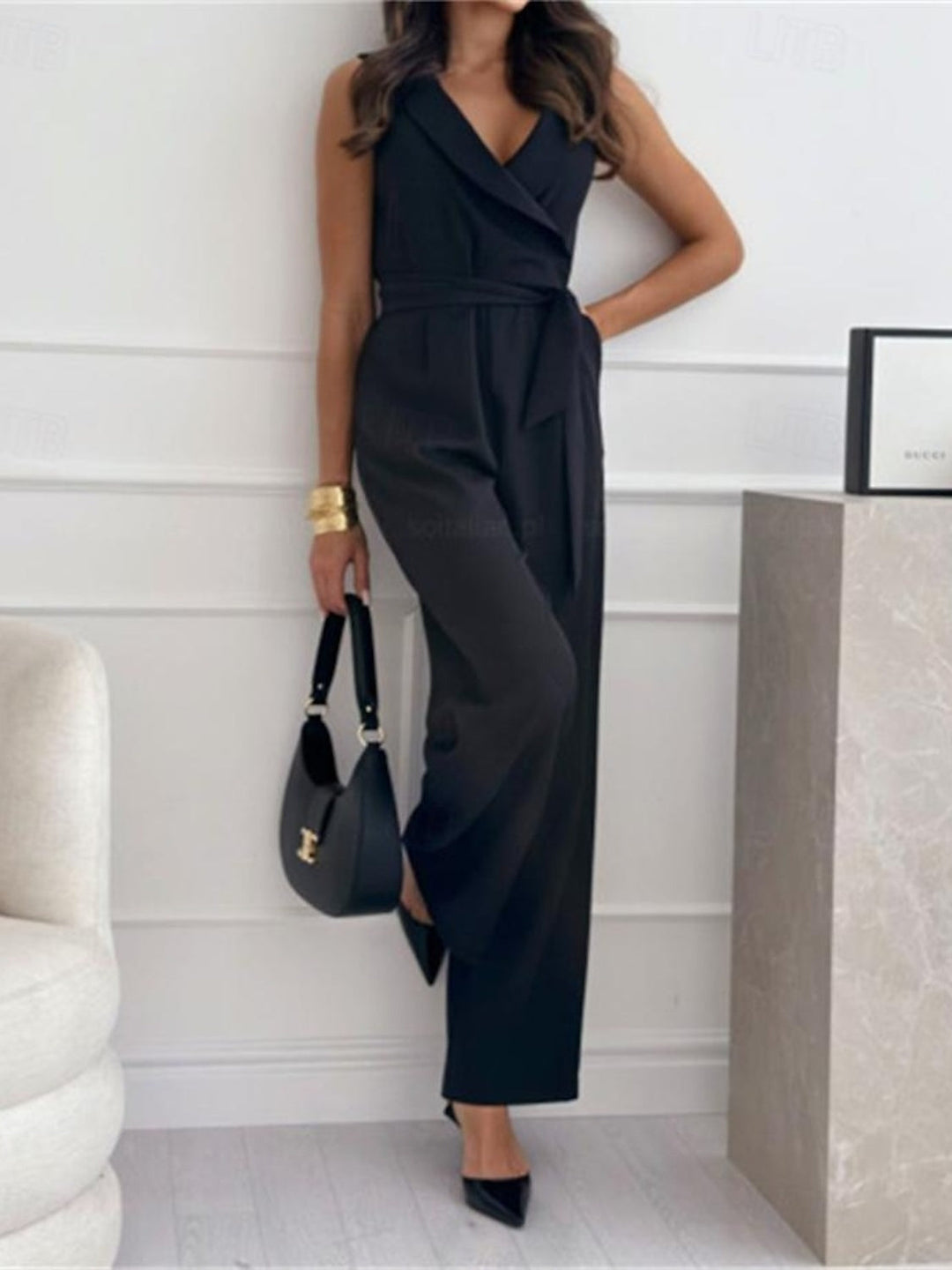 V-Neck Sleeveless Ankle-Length Ruched Wedding Guest Jumpsuits with Self-tie Sash