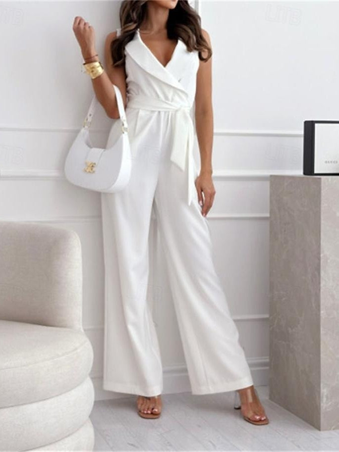 V-Neck Sleeveless Ankle-Length Ruched Wedding Guest Jumpsuits with Self-tie Sash