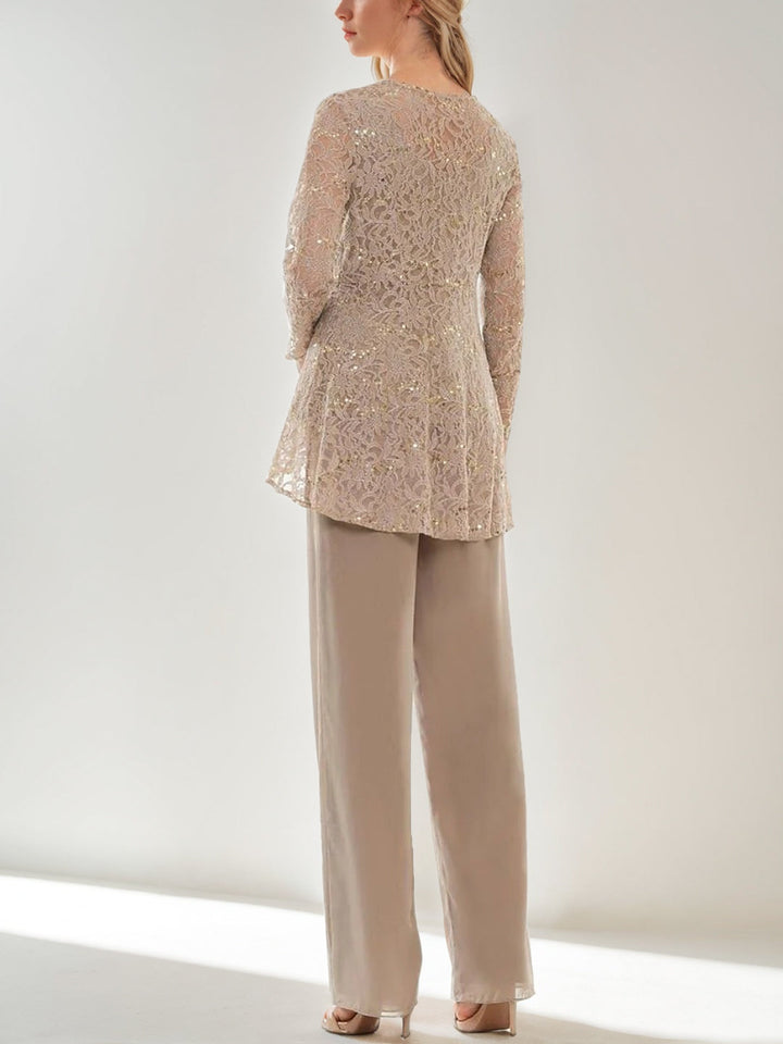 3 Pieces Scoop Sleeveless Floor-Length Wedding Guest Pantsuits with Lace Ruffles & Sequins