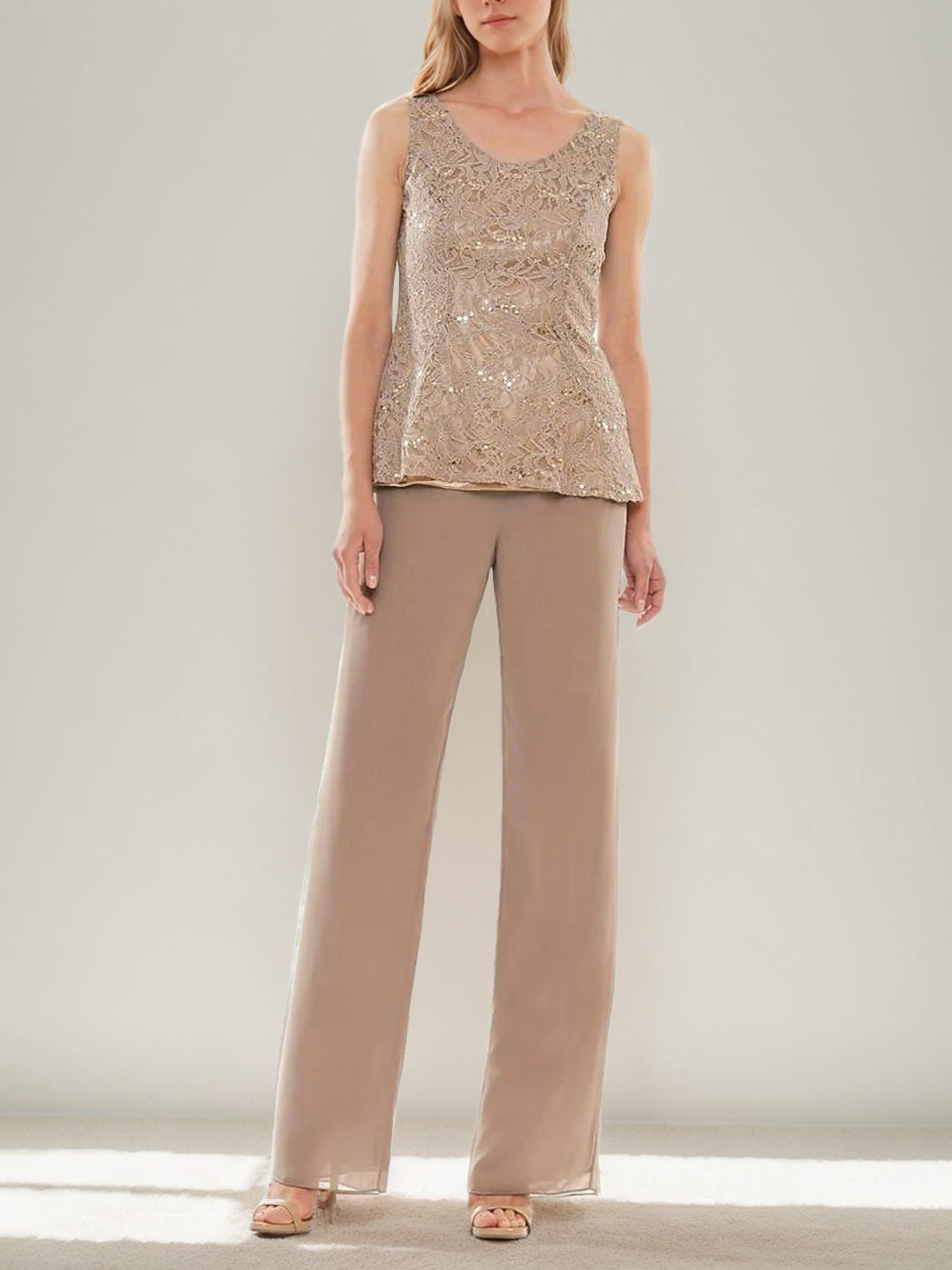 3 Pieces Scoop Sleeveless Floor-Length Wedding Guest Pantsuits with Lace Ruffles & Sequins