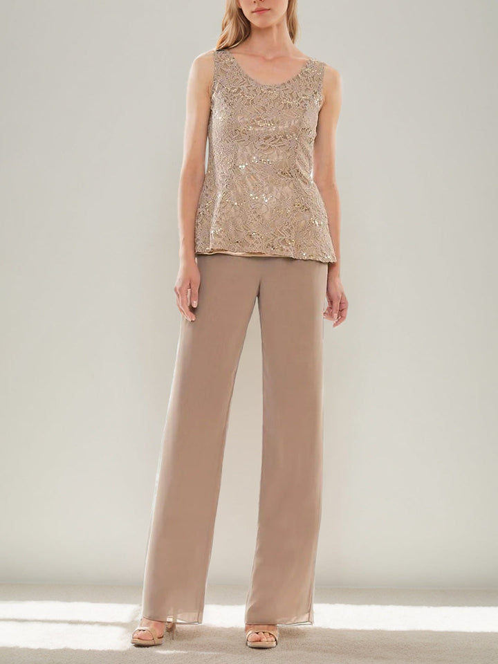 3 Pieces Scoop Sleeveless Floor-Length Wedding Guest Pantsuits with Lace Ruffles & Sequins