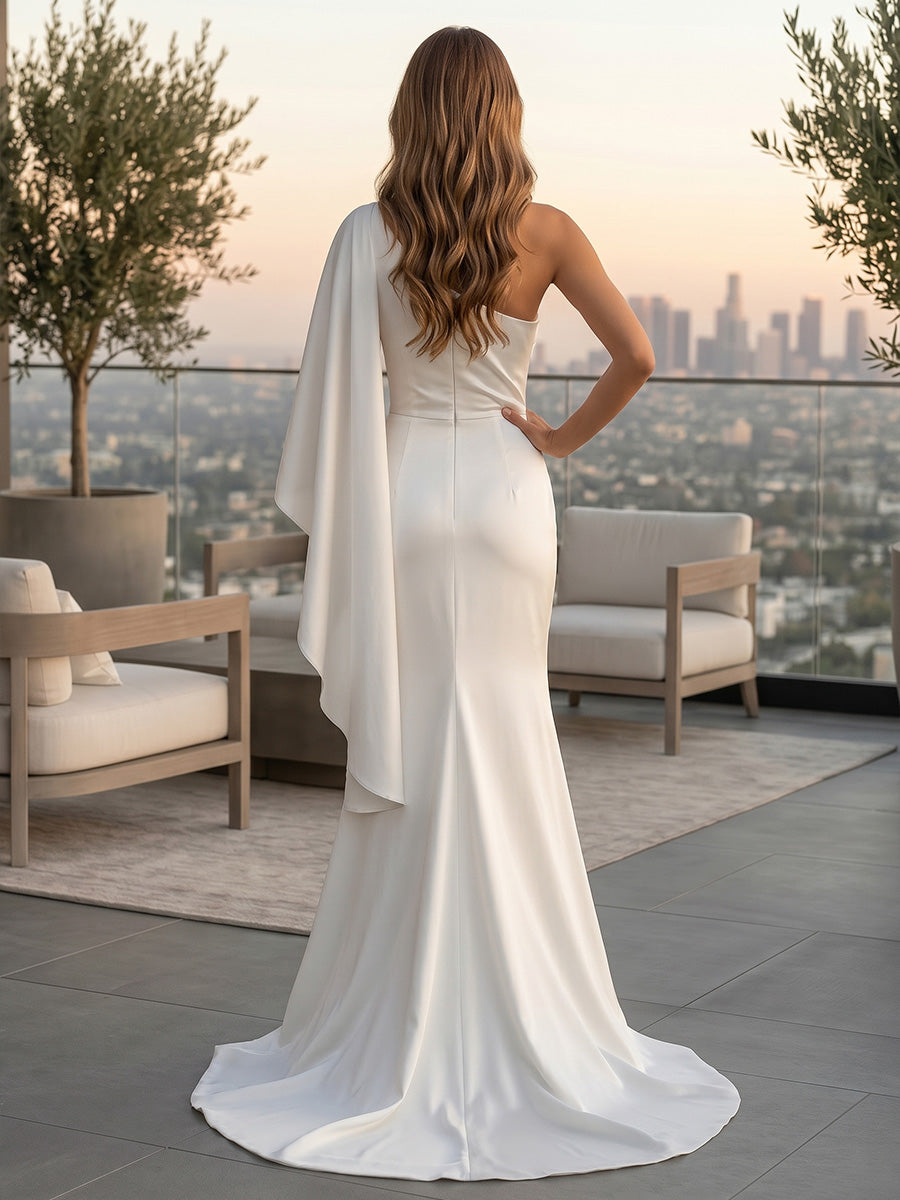 Trumpet/Mermaid One-Shoulder Satin Wedding Dresses with Split Side Long Sleeve Floor-Length Sweep Train/Brush Train