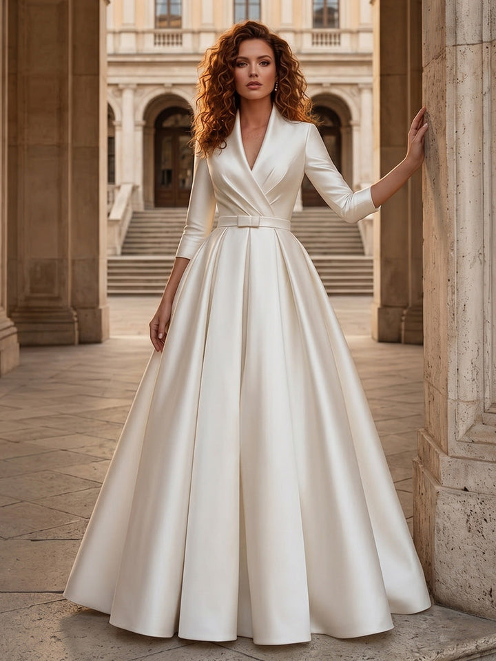 A-Line/Princess V-Neck Satin Wedding Dresses 3/4 Sleeves Floor-Length Ruched