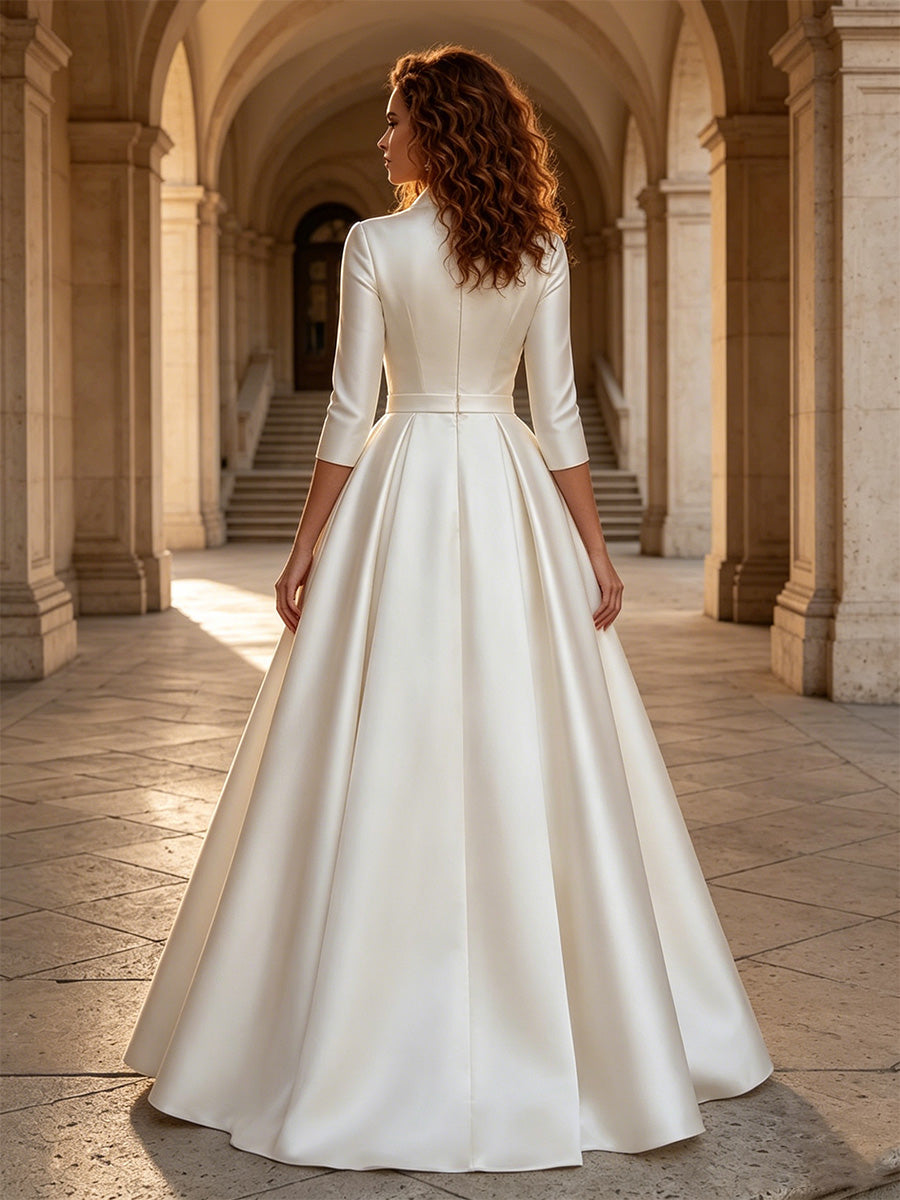 A-Line/Princess V-Neck Satin Wedding Dresses 3/4 Sleeves Floor-Length Ruched