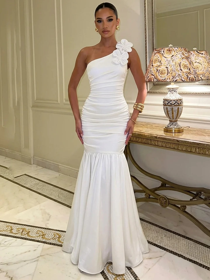 Trumpet/Mermaid One-Shoulder Satin Wedding Dresses Sleeveless Floor-Length 3D Flowers